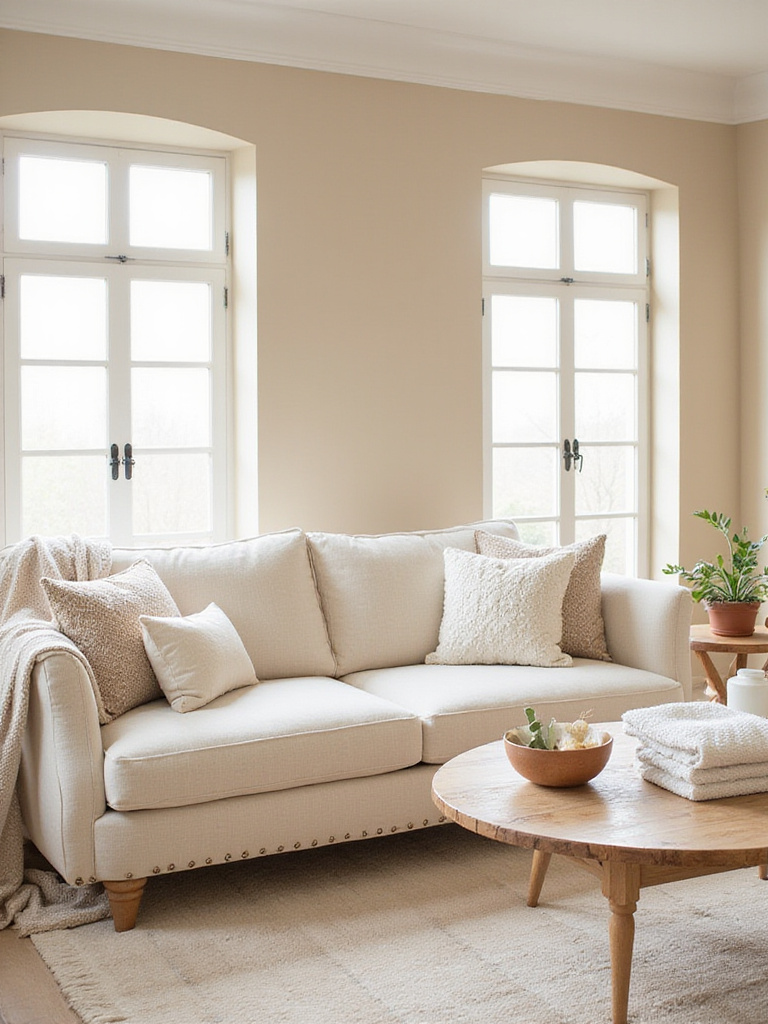 A harmonious living room designed with a beige and cream color scheme.