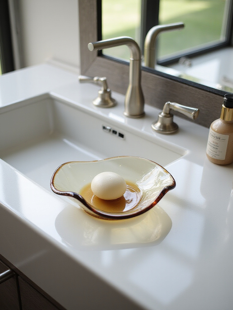 A stylish hand-blown glass soap dish on a modern bathroom sink