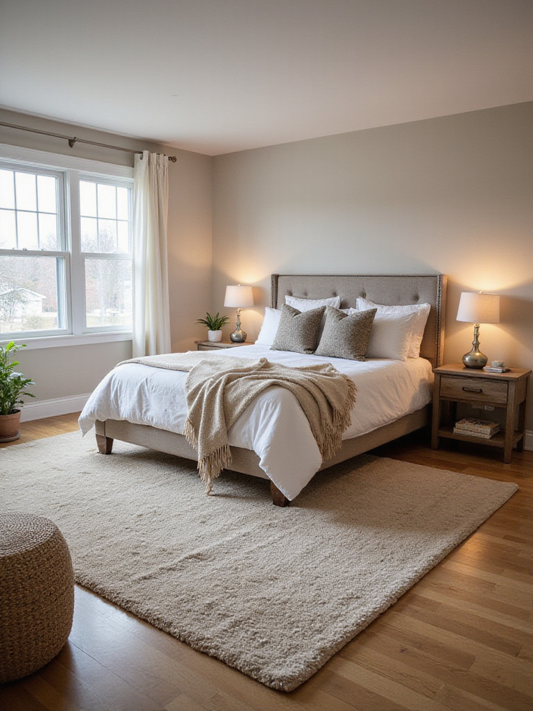 A small bedroom with a large rug defining the sleeping area, showcasing cozy decor.