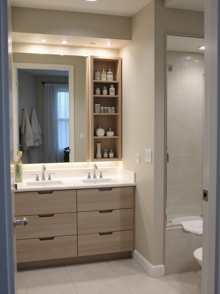 Modern bathroom with hidden cabinetry solutions for toiletries