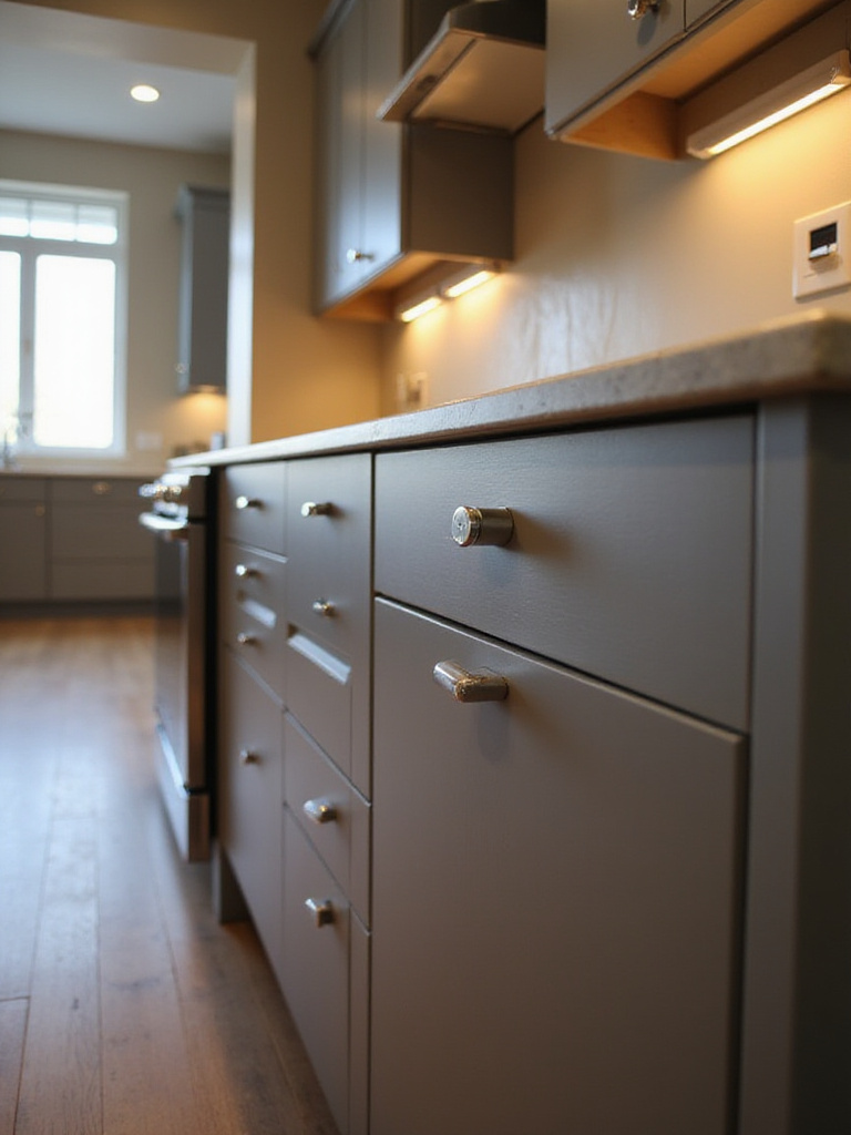 Sleek kitchen island with concealed power strips integrated into the design.