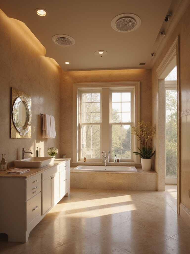 Luxurious bathroom with integrated sound system and ambient lighting