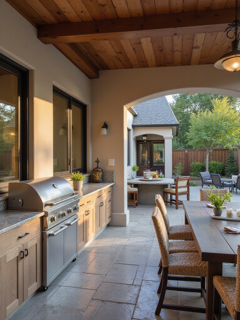 Elegant outdoor kitchen with built-in grill and dining area, showcasing seamless integration with indoor space.