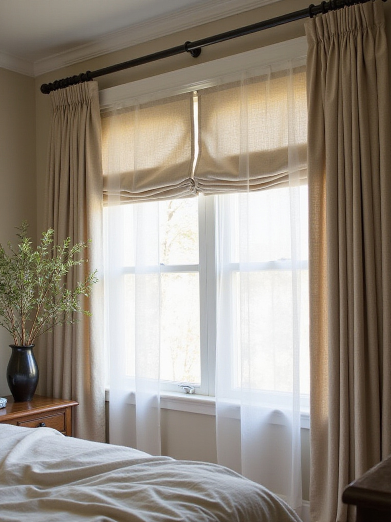 Elegant bedroom window treatments showcasing privacy and texture with natural light.