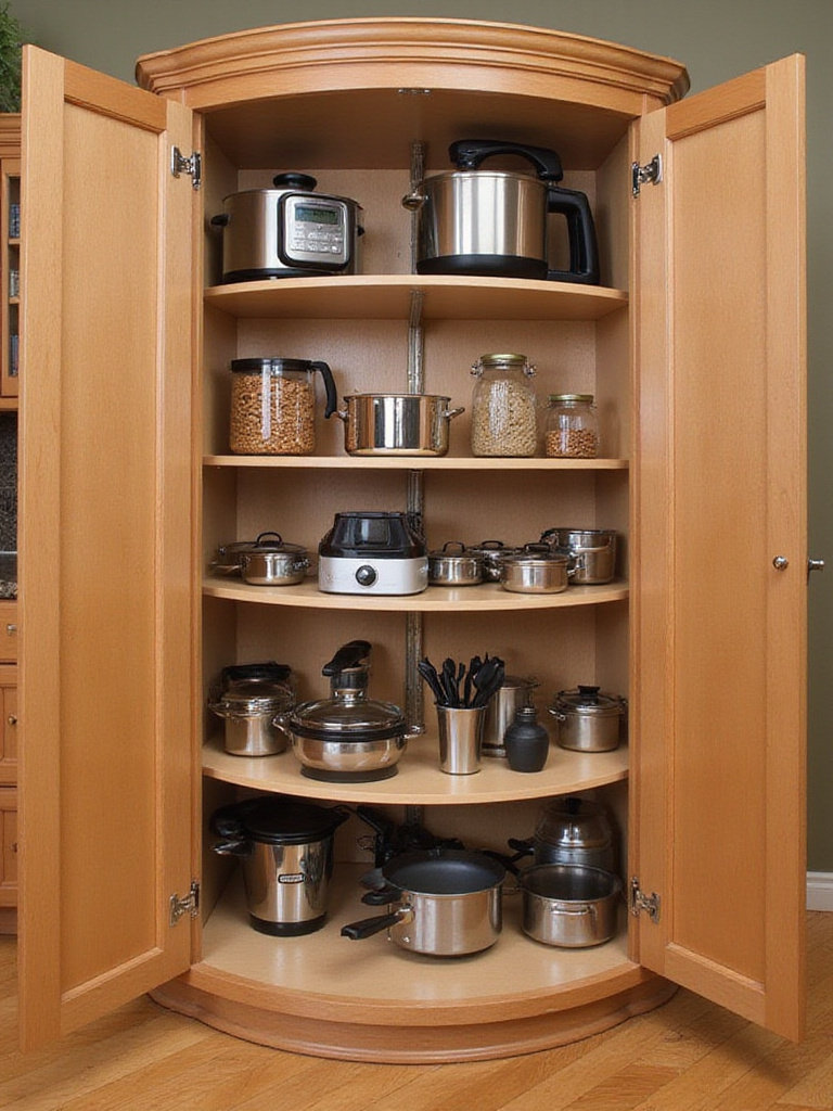 Organized corner cabinet with lazy Susan showcasing kitchen items.