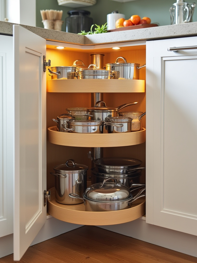 Organized kitchen corner cabinet with Lazy Susan shelves