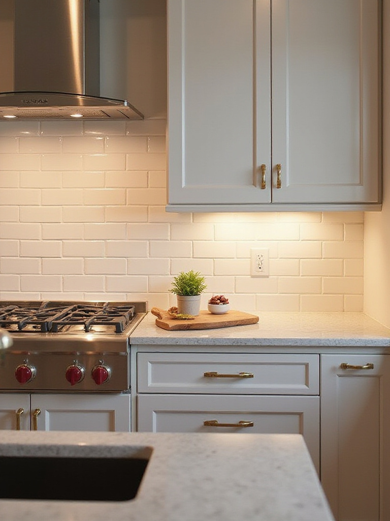 A stylish kitchen featuring a striking glossy white subway tile backsplash