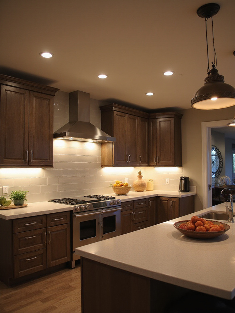 Modern kitchen with layered lighting solutions including recessed, under-cabinet, and pendant lights.