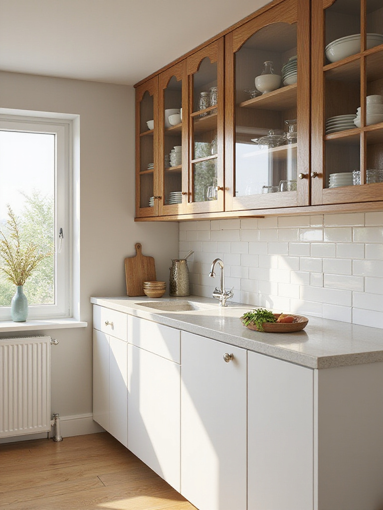 Stylish kitchen with glass-front upper cabinets, organized dishware, and natural lighting.