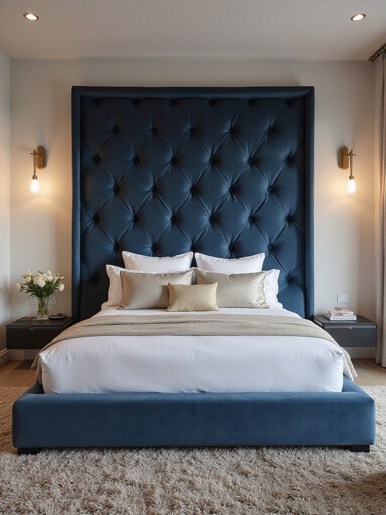 Luxurious bedroom with a grand tufted velvet headboard and elegant decor