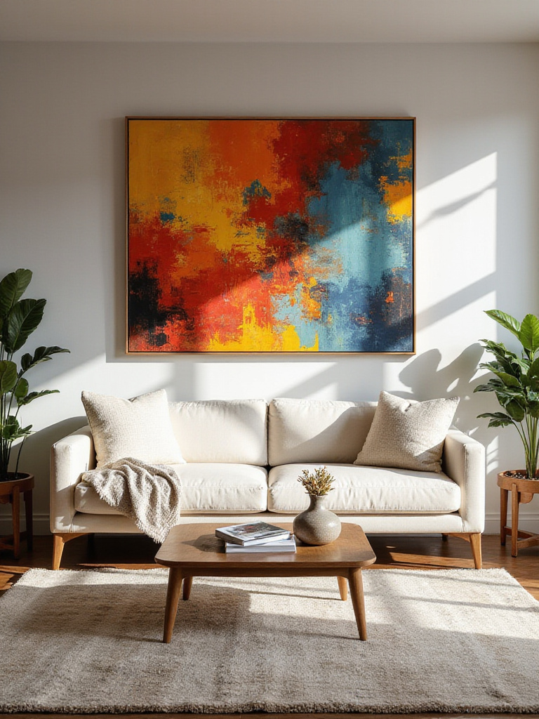 Living room with a strong focal point featuring a large abstract painting above a minimalist sofa.
