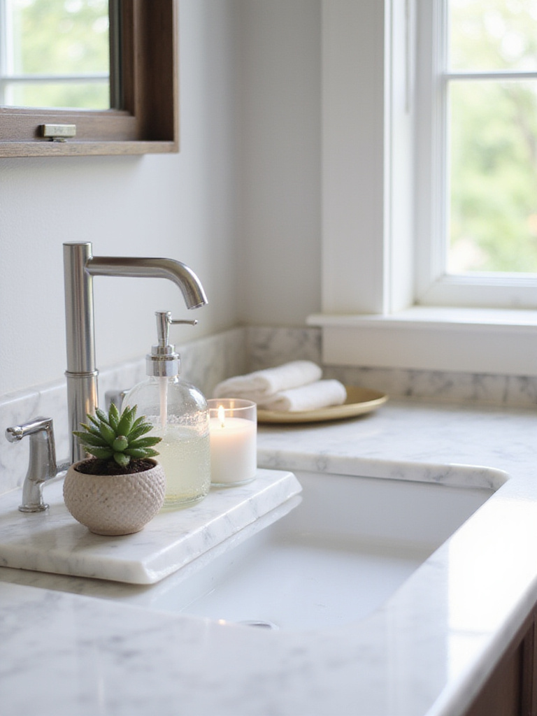 Chic bathroom sink display featuring a decorative tray with soap dispenser, succulent, and candle