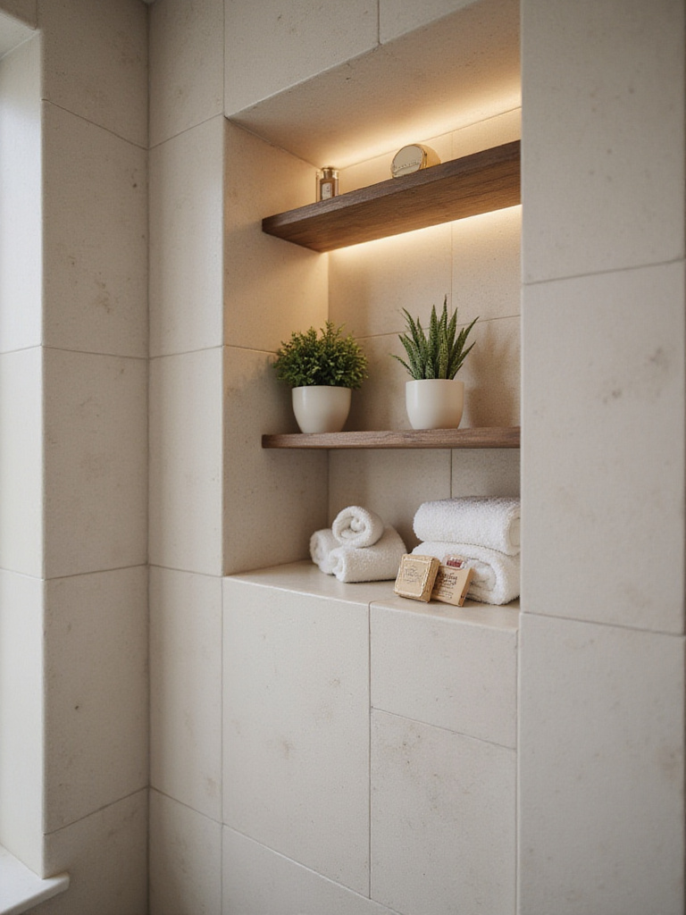 Dedicated niche shelf in a modern bathroom displaying essential decor items