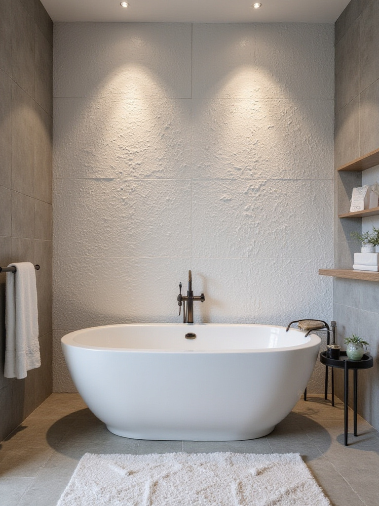 Modern bathroom featuring a statement wall with unique textured tiles behind a freestanding bathtub