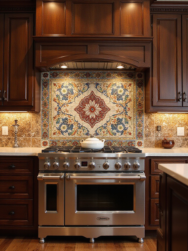 Luxury kitchen with artistic backsplash showcasing vibrant hand-painted ceramic tiles