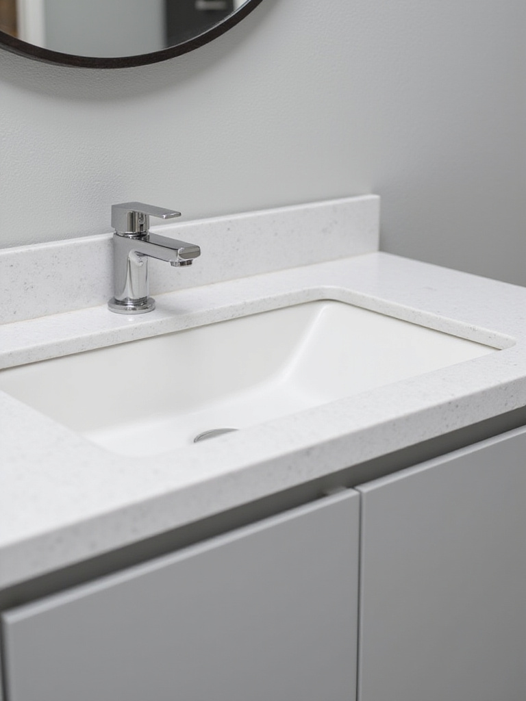 Modern bathroom sink area with cohesive material choices including quartz countertop, white integrated sink, and polished chrome faucet.
