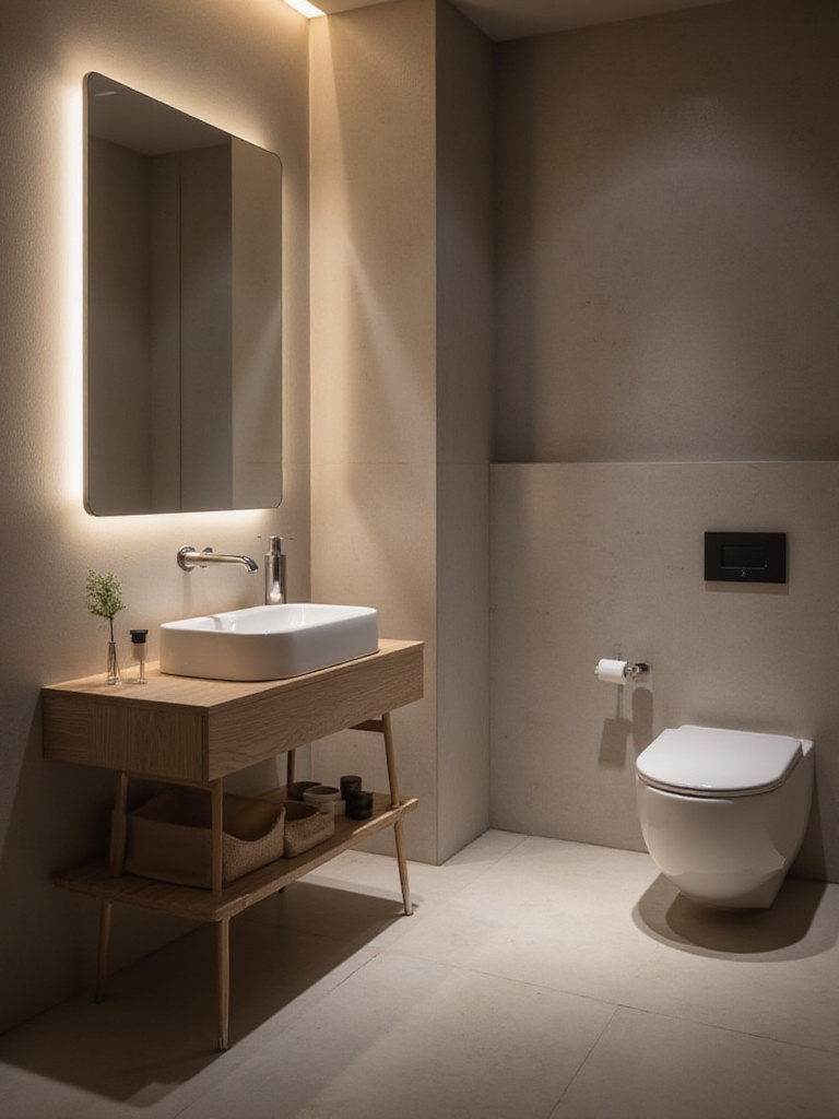 Contemporary bathroom with smart technology features including a smart mirror and touchless faucet.