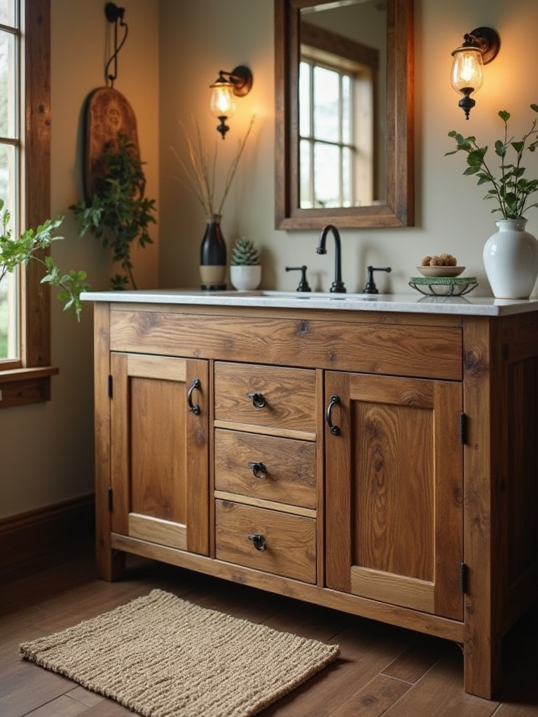 DIY rustic bathroom vanity made from reclaimed wood with warm lighting