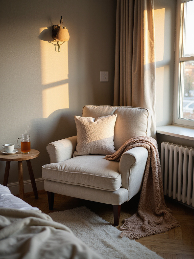 Cozy seating nook in a bedroom with armchair, side table, and natural light