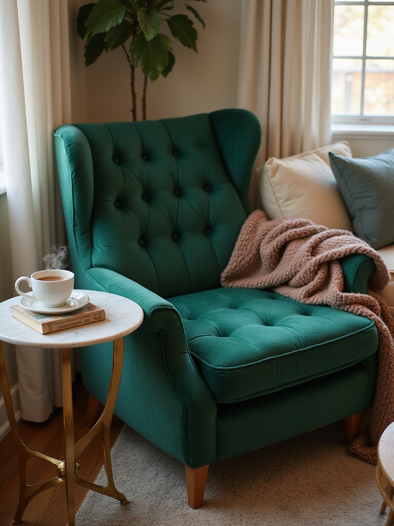 Elegant accent chair in a cozy reading nook with soft textiles and warm lighting