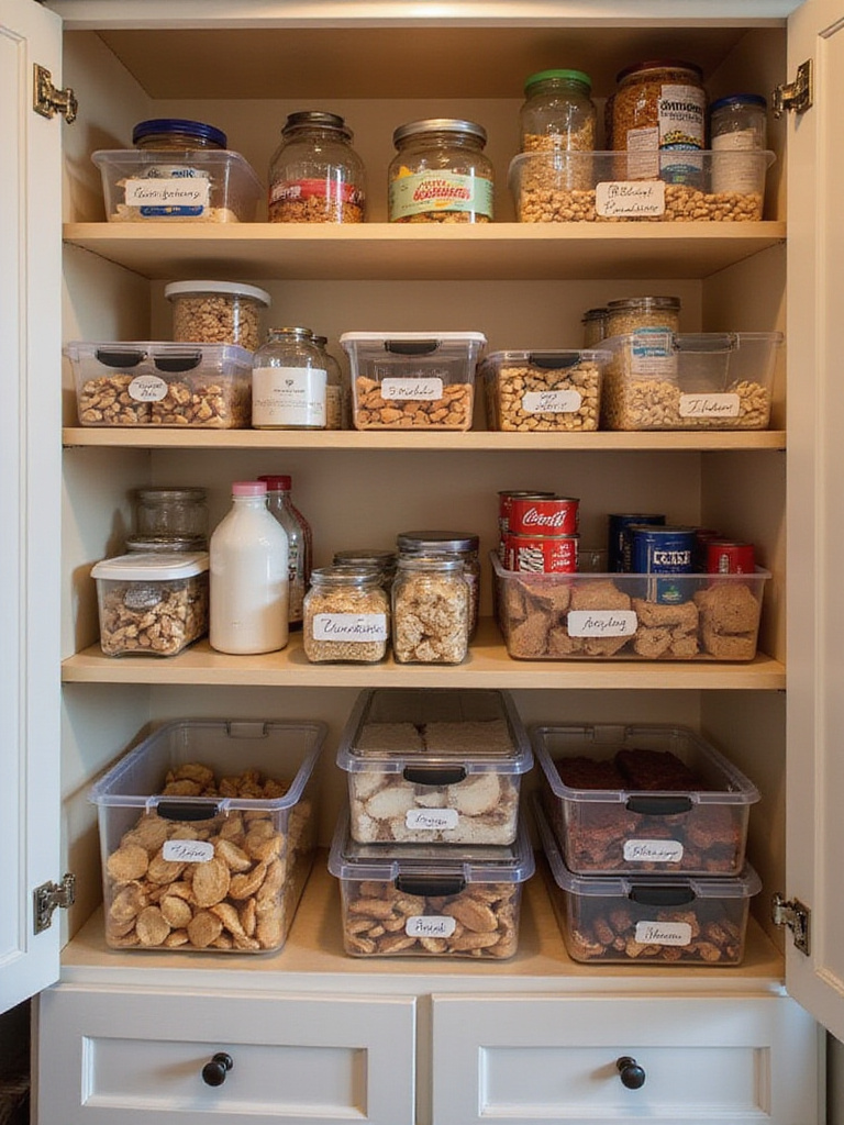 Organized kitchen cabinet with clear bins showcasing various contents.