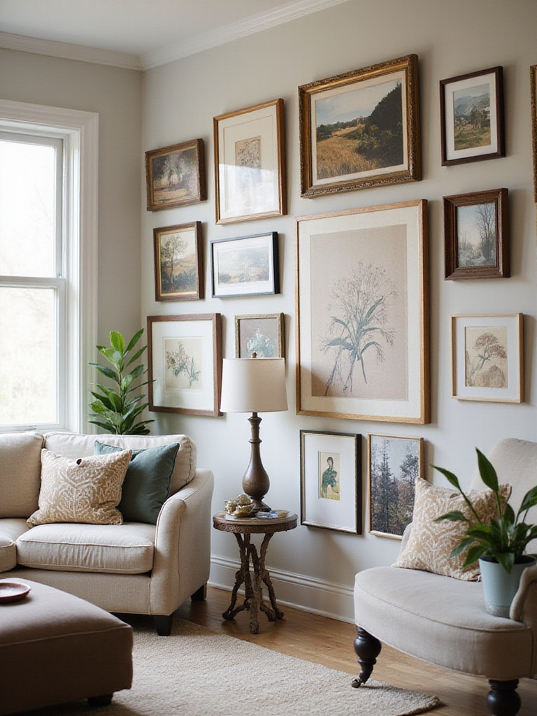 Curated wall art and decor in a stylish living room, showcasing personal style and creativity.