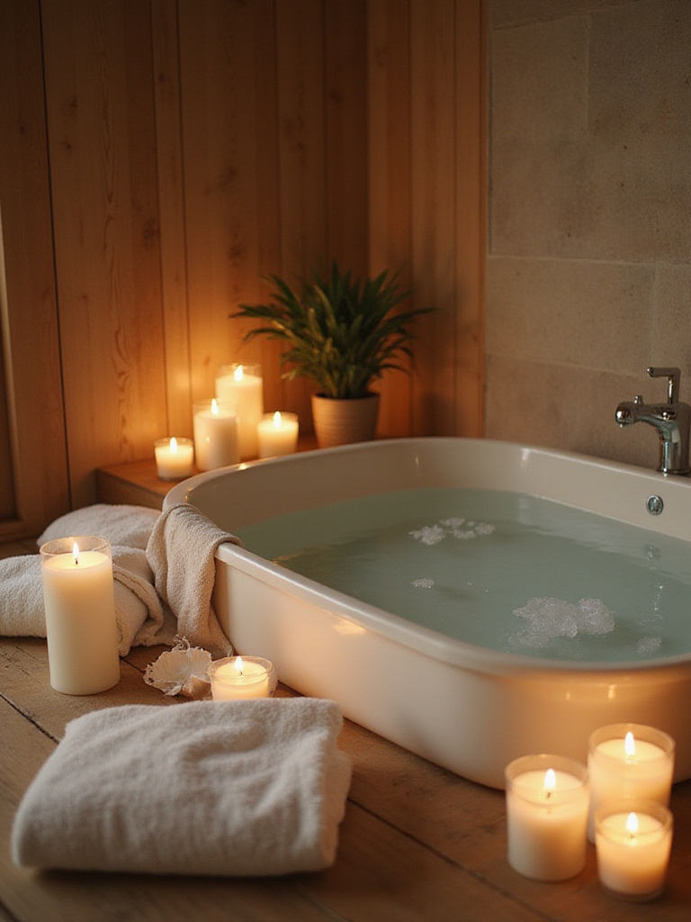 Interior of a relaxing spa-like bathroom with a soaking tub and warm lighting