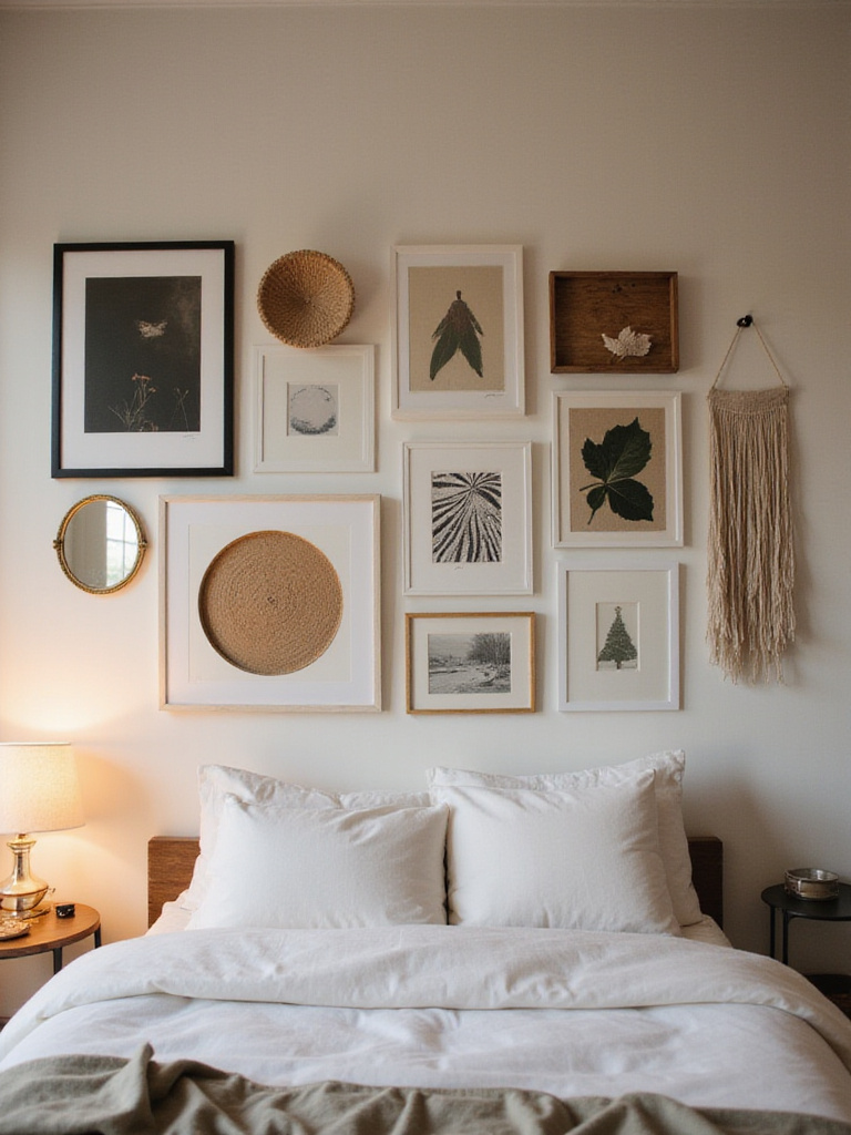Curated bedroom wall art and decor with warm lighting