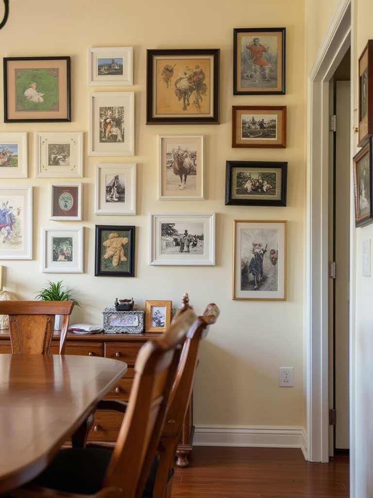 Gallery wall in a dining room featuring personal art and photographs with decorative shelves.