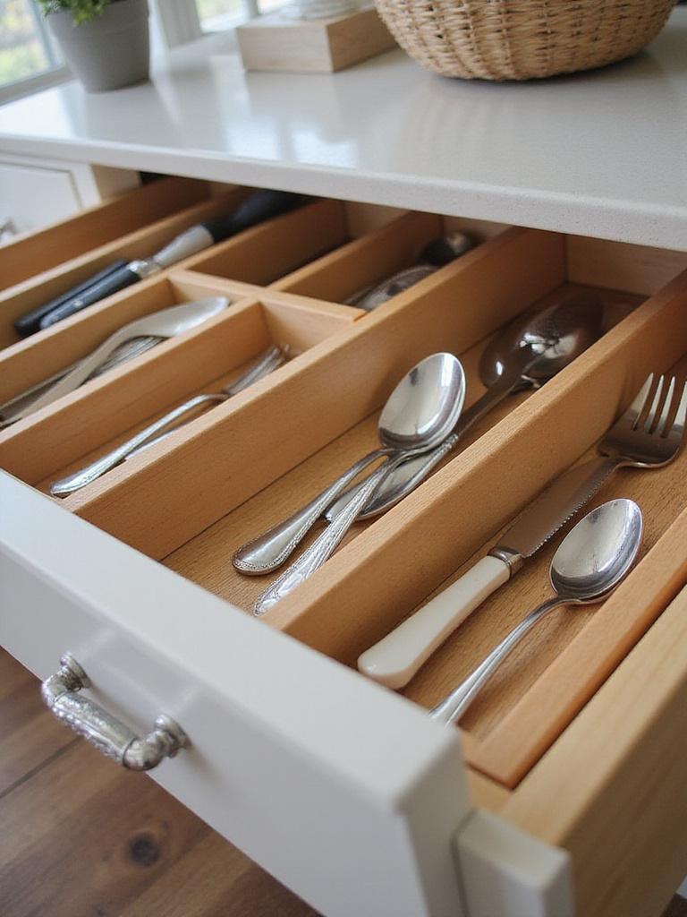 Organized kitchen drawer with custom cutlery and utensil dividers separating forks, knives, and spoons.