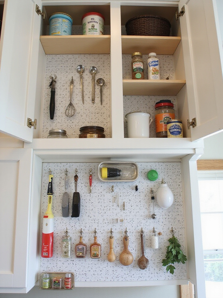 Organized kitchen cabinet with DIY pegboard holding utensils and supplies