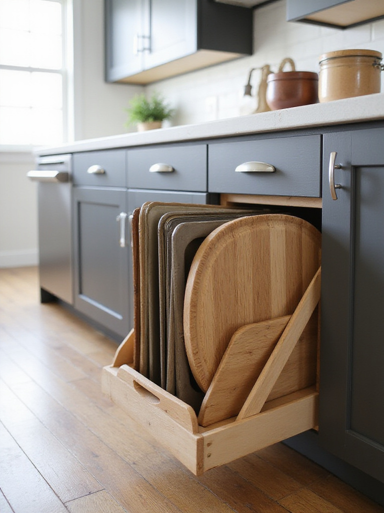 Modern kitchen island with dedicated slots for vertically storing baking sheets and cutting boards.