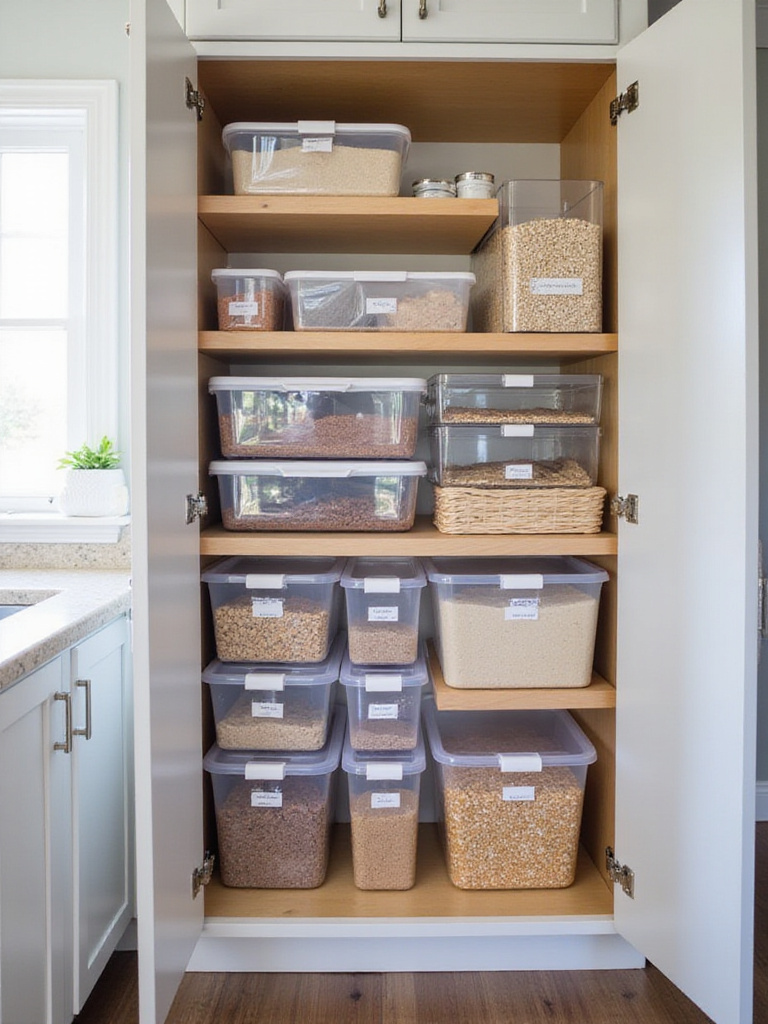 Organized deep kitchen cabinet with rolling bins and expandable shelves