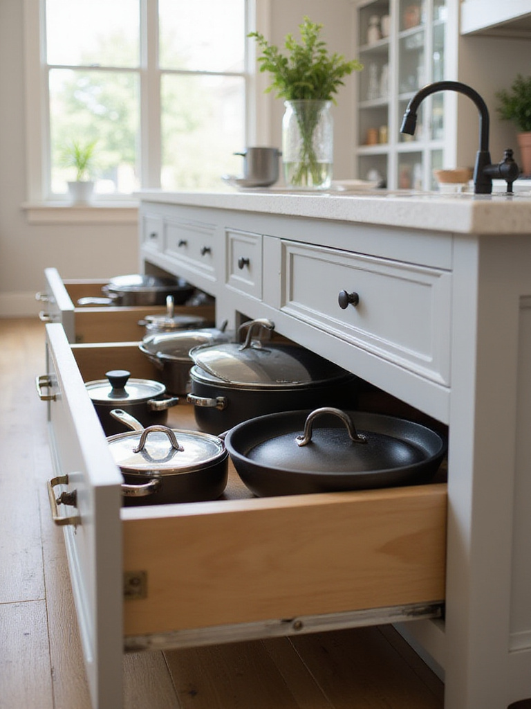 Deep pot and pan drawers in a modern kitchen, showcasing organized cookware.