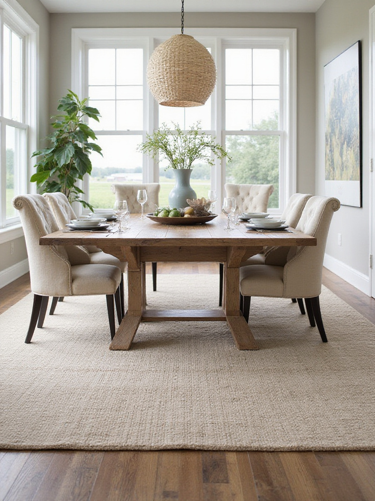 Dining room with a perfectly sized area rug under a table, showcasing warmth and style.