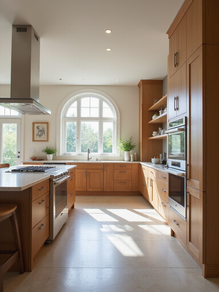 Modern kitchen interior with central island and natural lighting