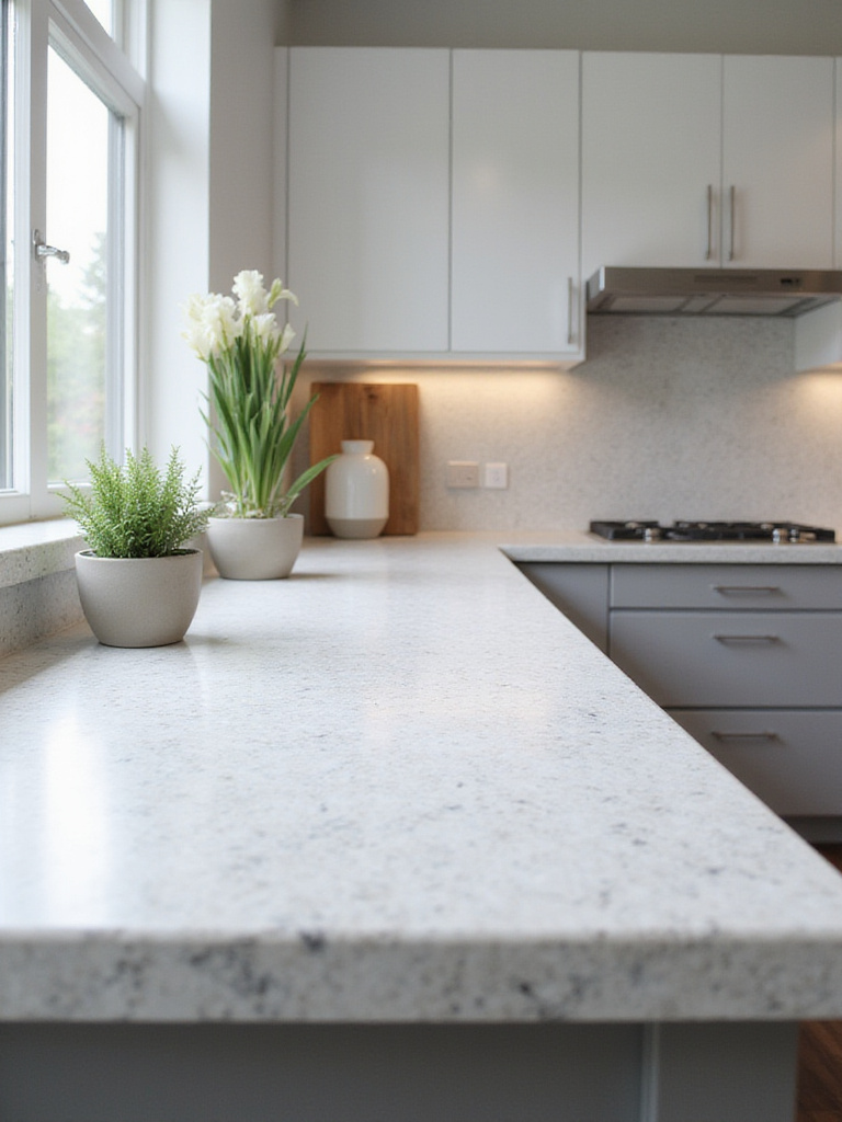 Modern kitchen featuring durable quartz countertops with natural lighting.