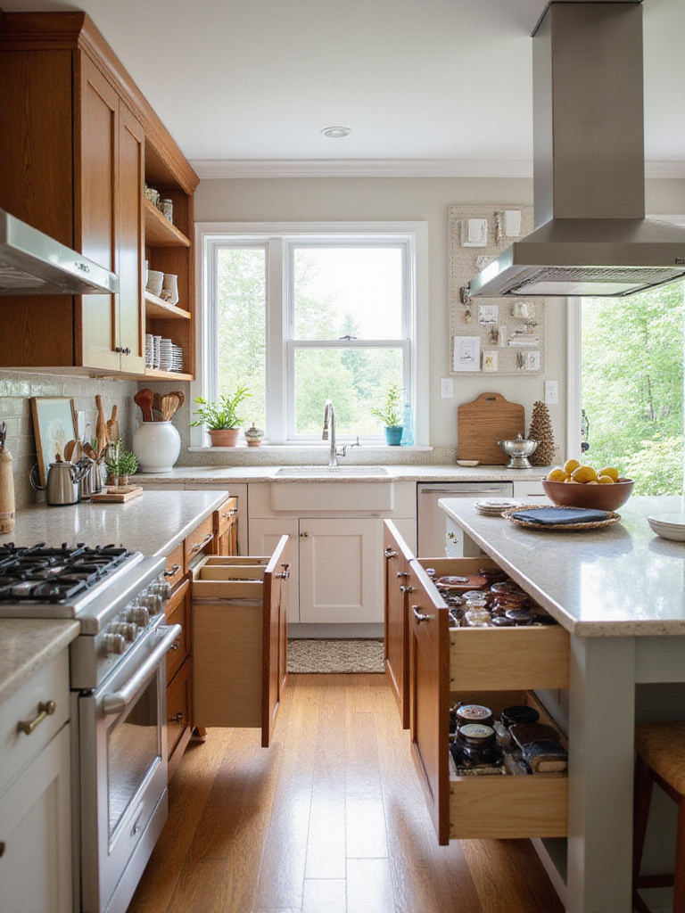 Organized kitchen showcasing smart storage solutions including pull-out shelves and vertical storage.