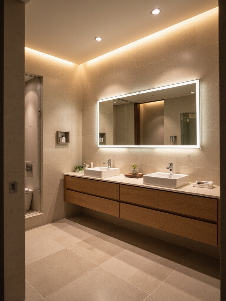 Modern bathroom with layered LED lighting creating dynamic ambiance