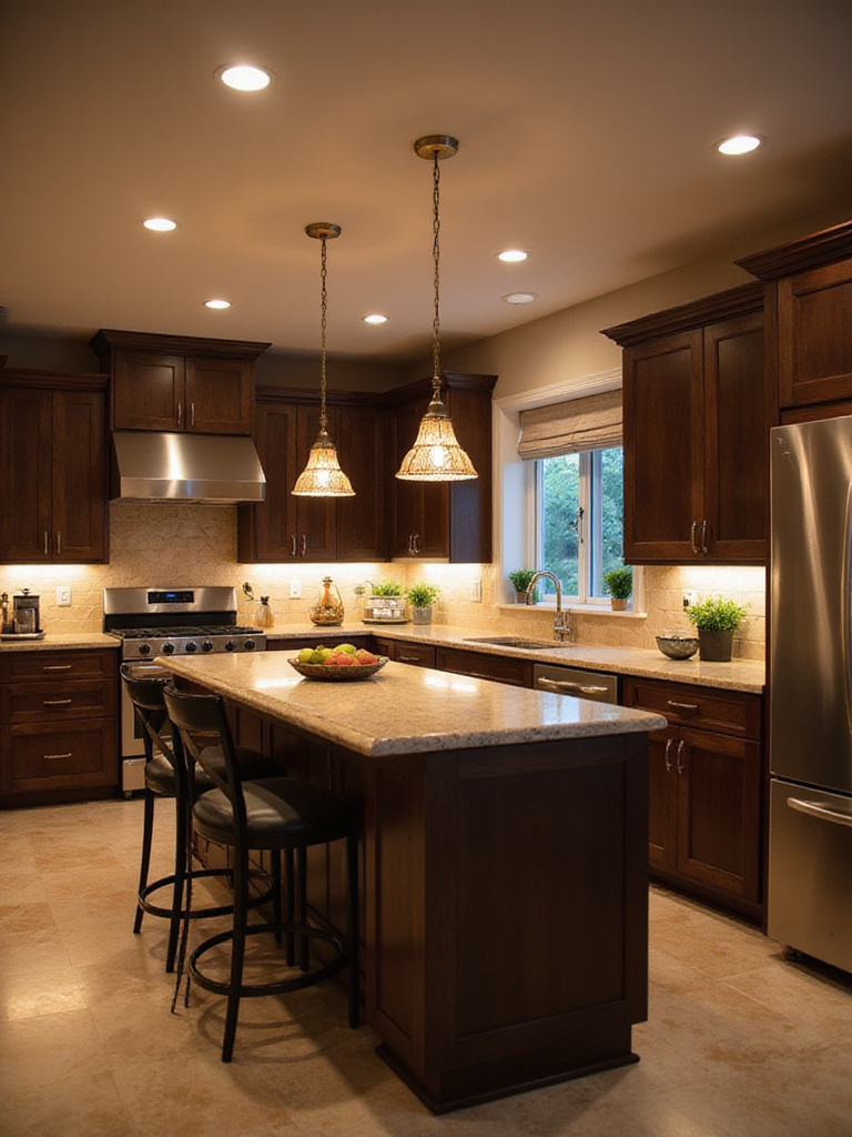 Modern kitchen with layered lighting design including recessed lights, under-cabinet lighting, and pendant lights.