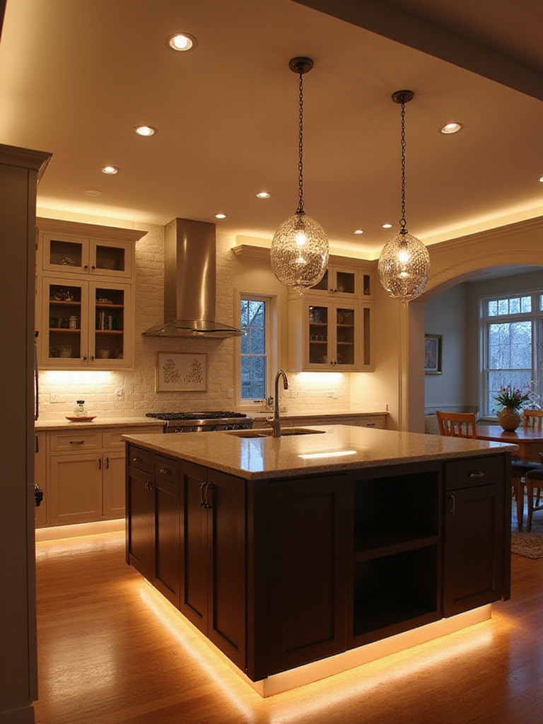 Luxury kitchen with layered lighting showcasing ambiance and task zones.