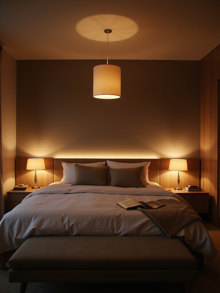 Master bedroom showcasing layered lighting with ambient, task, and accent features in a cozy atmosphere.