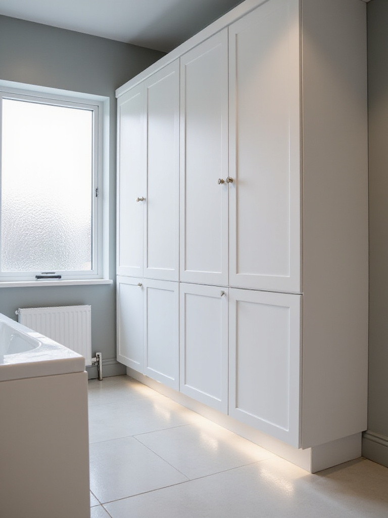 Contemporary bathroom featuring concealed cabinetry solutions with integrated lighting.