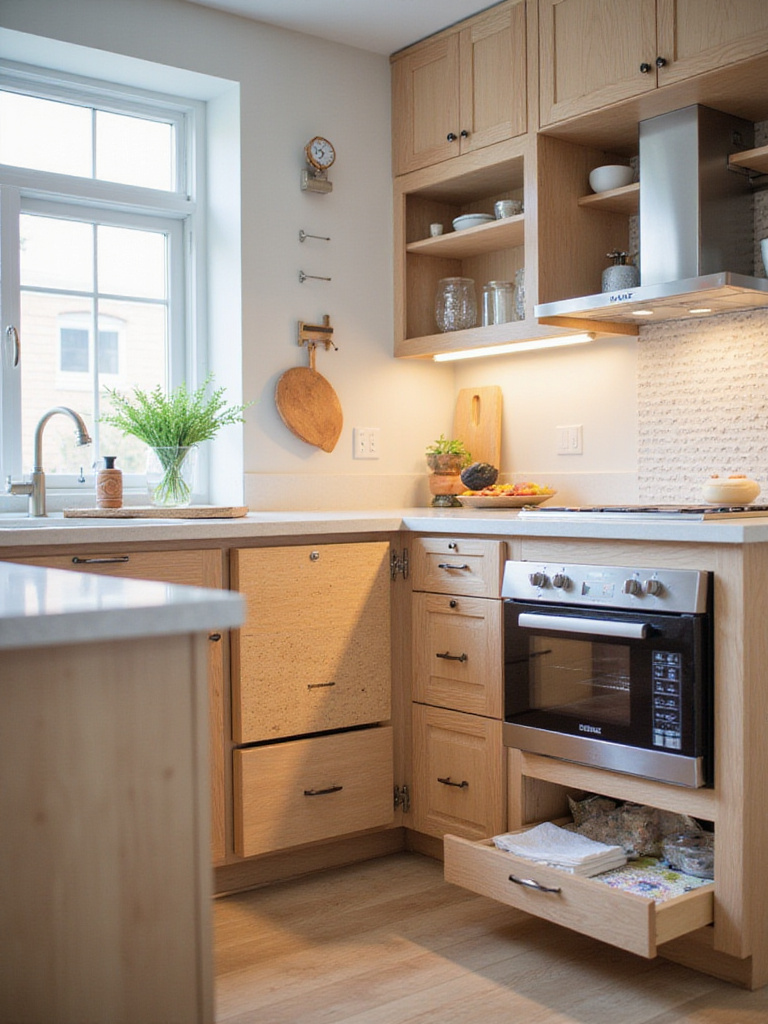 Modern kitchen with clever storage solutions including deep drawers and pull-out pantry.