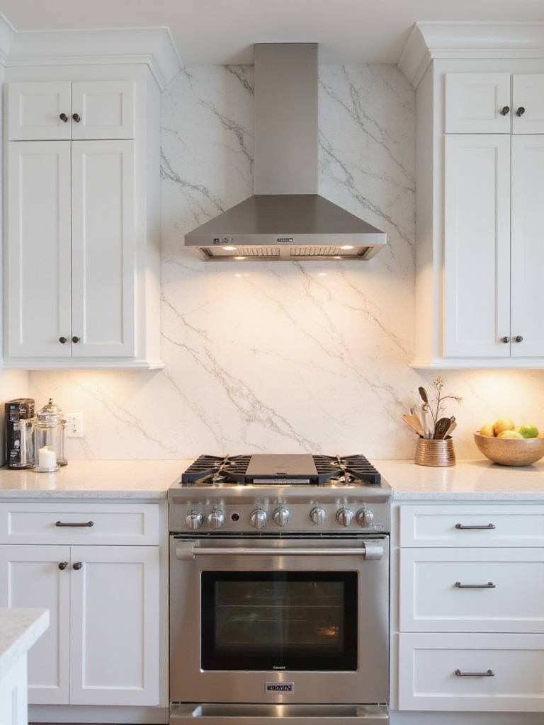 Modern kitchen with captivating marble backsplash and white shaker cabinets