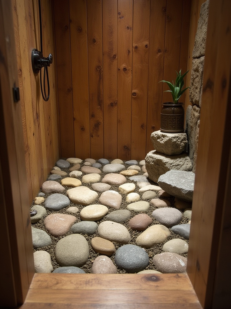 River rock shower floor in a rustic bathroom setting, showcasing natural stones and warm lighting.