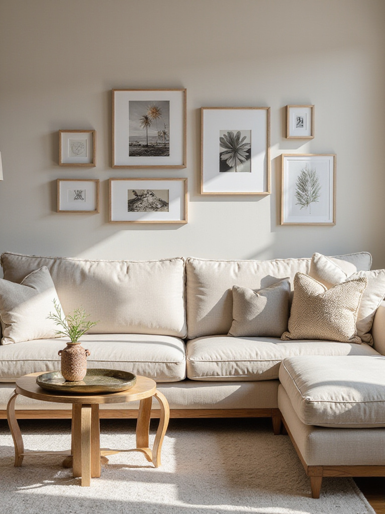 Modern living room with adaptable decor featuring neutral colors and flexible furniture.