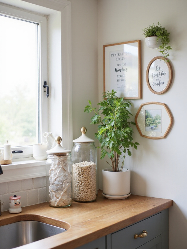 A styled kitchen countertop with storage jars, plants, and art, showcasing personalized decor.