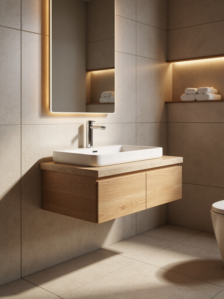 Modern bathroom with natural wood accents and floating vanity