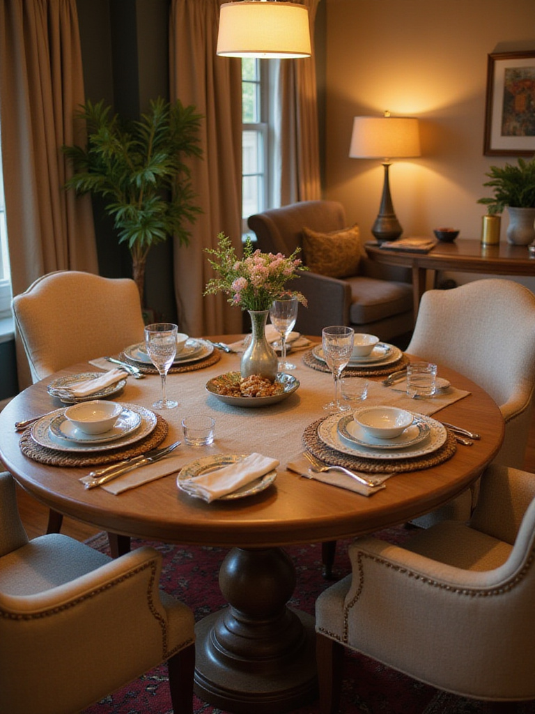 A cozy dining room with a round table set for four, showcasing optimal table size for comfortable seating.